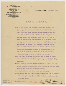 215067 Getypte verklaring uit 1925 van W.M. de Hertog van aannemingsbedrijf erven H.J. Jurriëns te Utrecht van de ...